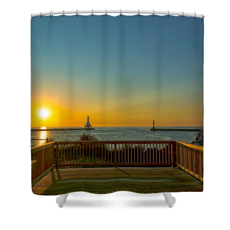 Sunrise Shower Curtain featuring the photograph Sunrise Deck by James Meyer