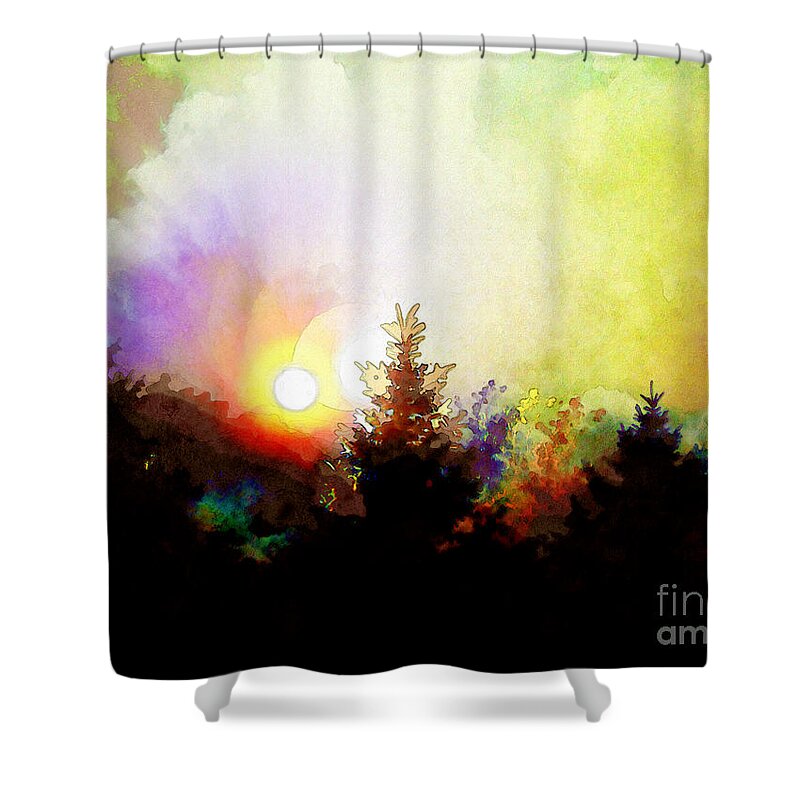 Sun Shower Curtain featuring the digital art Sunrise In The Forest by Phil Perkins