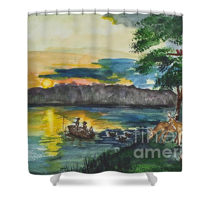 Sunrise Shower Curtain featuring the painting Sunrise on the Lake by Janis Lee Colon