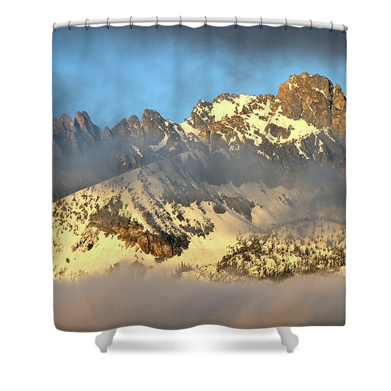 Thompson Peak Shower Curtain featuring the photograph Sunrise on Thompson Peak by Ed Riche