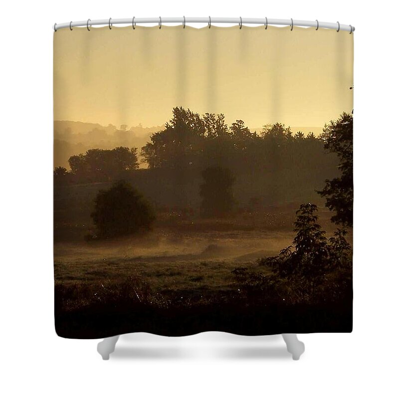 Landscape Shower Curtain featuring the photograph Sunrise over the Mist by Mary Wolf