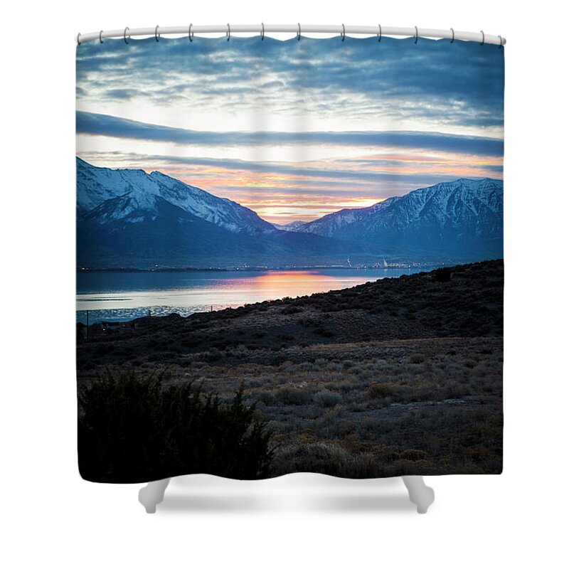 Dawn Shower Curtain featuring the photograph Sunrise Over Utah Lake by Renphoto