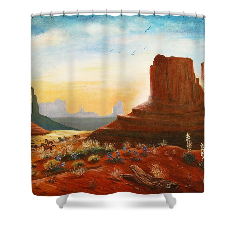 Monument Valley Scene Shower Curtain featuring the painting Sunrise Stampede by Marilyn Smith