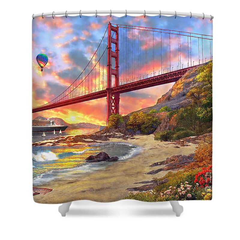 Golden Gate Shower Curtain featuring the digital art Sunset at Golden Gate by MGL Meiklejohn Graphics Licensing