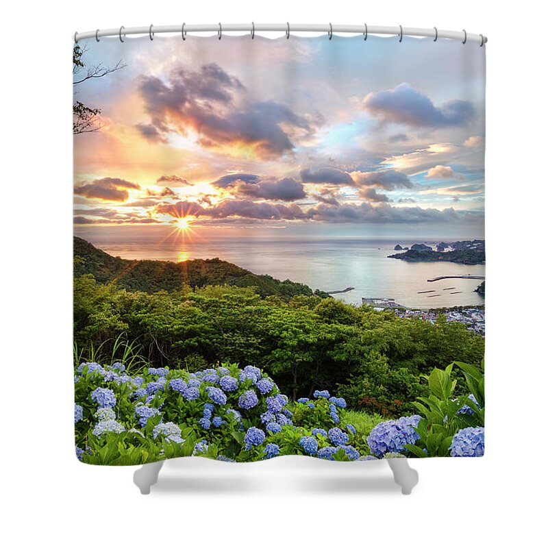 Tranquil Scene Shower Curtain featuring the photograph Sunset At Hydrangea Hills by Tommy Tsutsui