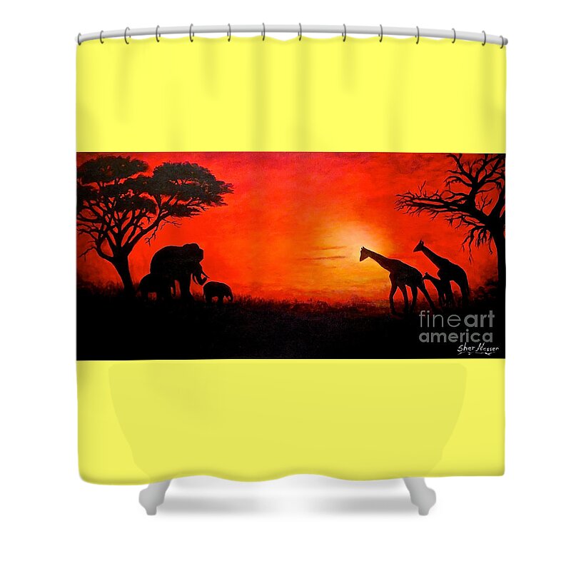 Acacia Trees Shower Curtain featuring the painting Sunset at Serengeti by Sher Nasser