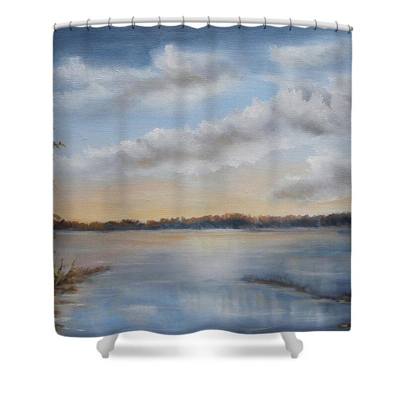 Seascape Shower Curtain featuring the painting Sunset at Sparta Lake New Jersey by Katalin Luczay