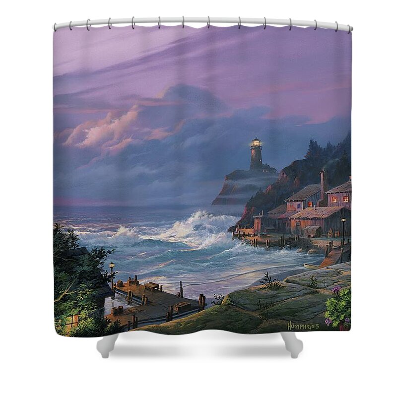 Lighthouse Shower Curtain featuring the painting Sunset Fog by Michael Humphries