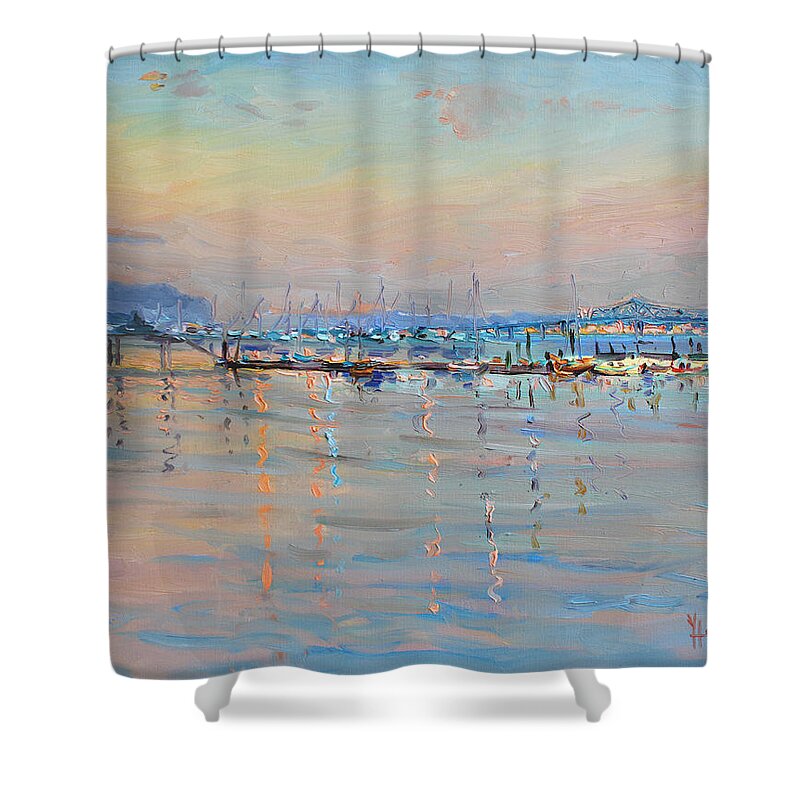 Seascape Shower Curtain featuring the painting Sunset in Piermont Harbor NY by Ylli Haruni