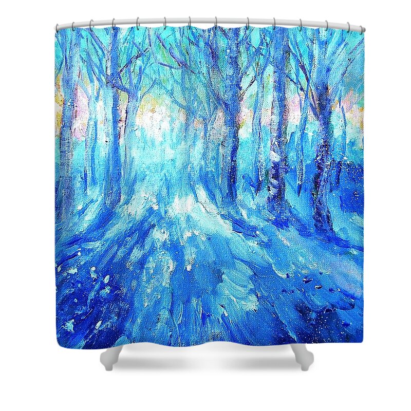 Sunset Shower Curtain featuring the painting Sunset in a Winter Wood by Trudi Doyle