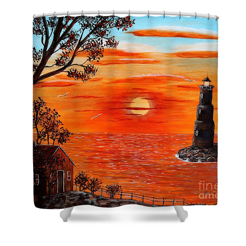 Sunset Lighthouse Shower Curtain featuring the painting Sunset Lighthouse by Barbara A Griffin