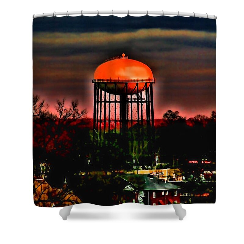 Water Tower Shower Curtain featuring the photograph Sunset on a Charlotte Water Tower by Diana Sainz by Diana Raquel Sainz