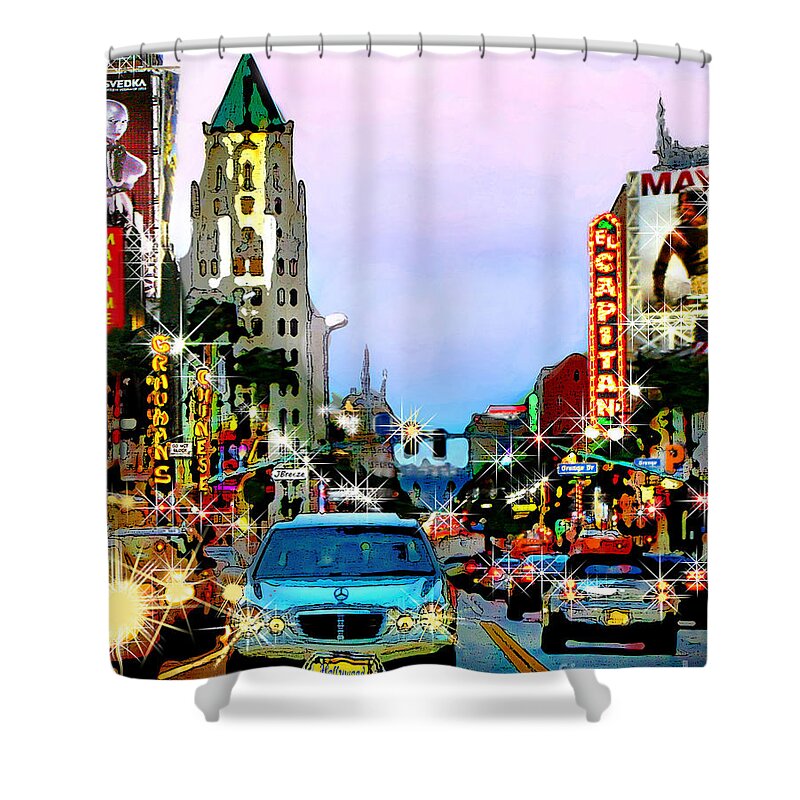 T-shirt Design Shower Curtain featuring the digital art Sunset on Hollywood Blvd by Jennie Breeze