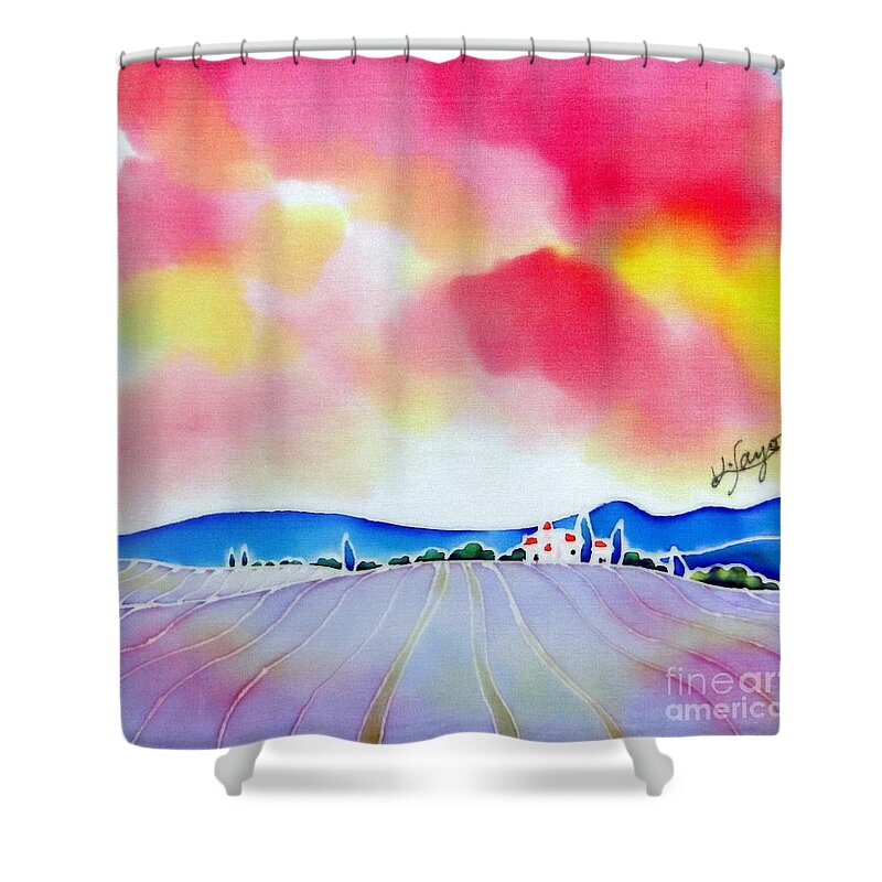 France Shower Curtain featuring the painting Sunset on the lavender farm by Hisayo OHTA
