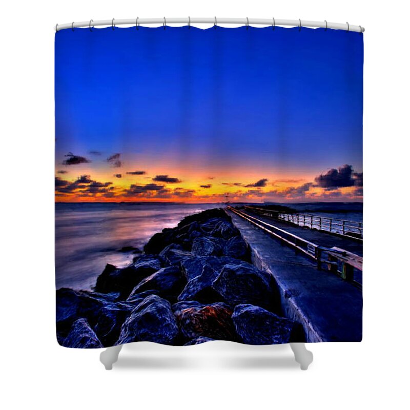 Sunset Shower Curtain featuring the painting Sunrise on the Pier by Bruce Nutting