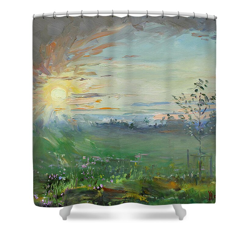 Sunset Shower Curtain featuring the painting Sunset over a Field of Wild Flowers by Ylli Haruni