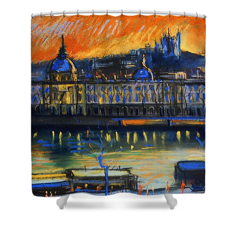 Sunset Over The City Shower Curtain featuring the painting Sunset Over The City - Lyon France by Mona Edulesco