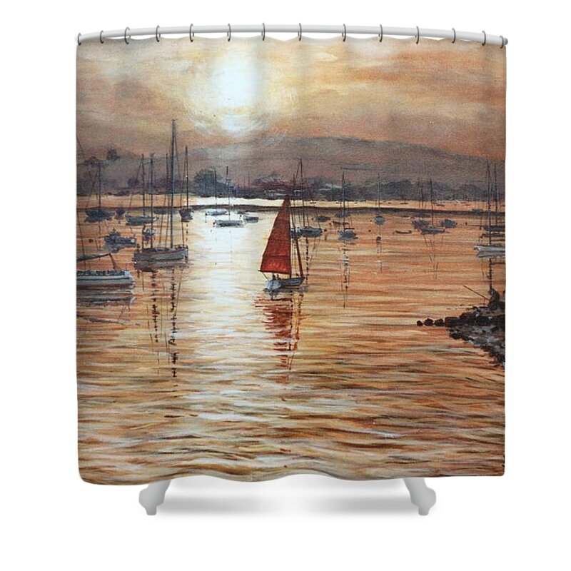 Estuary Shower Curtain featuring the painting Sunset over The Exe Estuary Exmouth Devon by Mackenzie Moulton