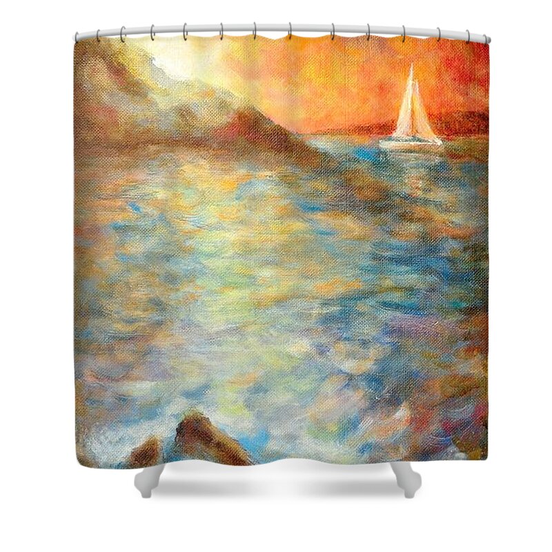 Ocean Shower Curtain featuring the painting Sunset over the sea. by Martin Capek