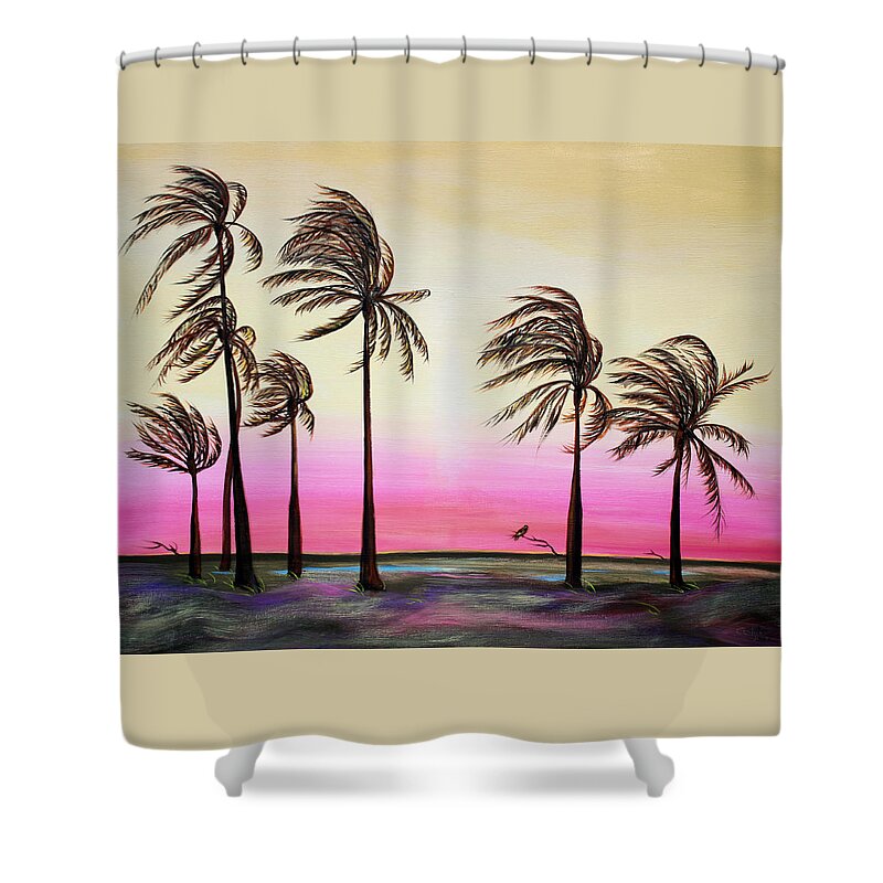 Landscape Painting Shower Curtain featuring the painting Sunset Palms and Oasis by Asha Carolyn Young