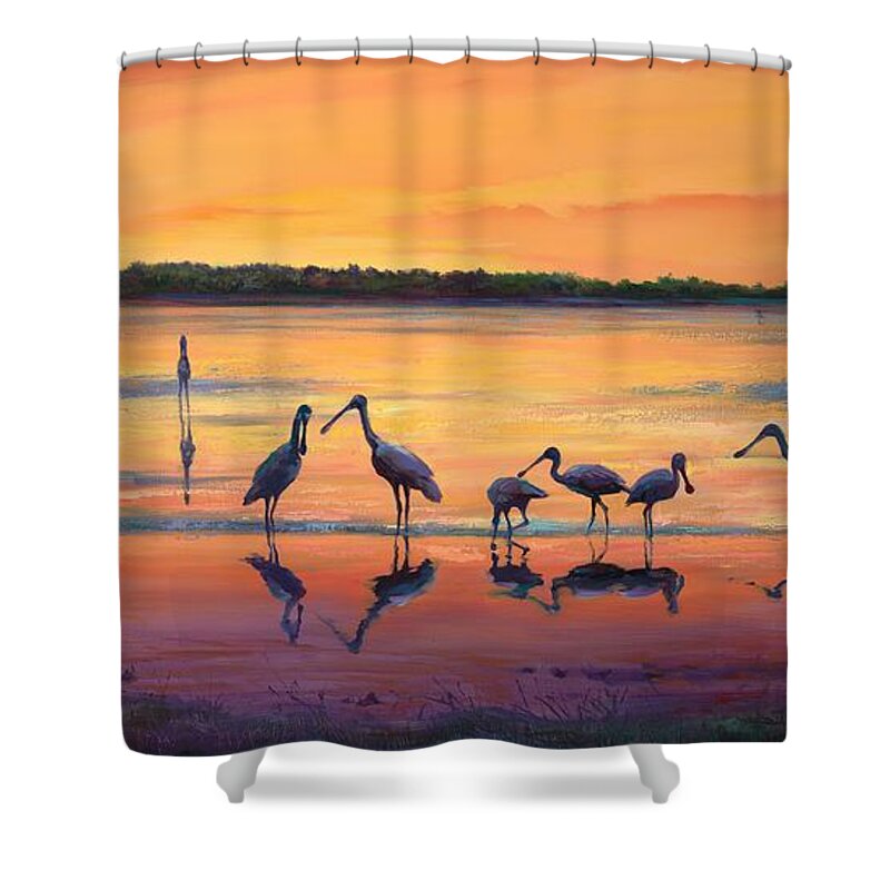 Landscape Shower Curtain featuring the painting Sunset Spoonbills by Laurie Snow Hein