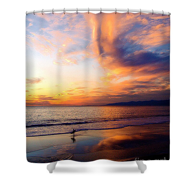 Surf Shower Curtain featuring the photograph Sunset Surfing by Jerome Stumphauzer