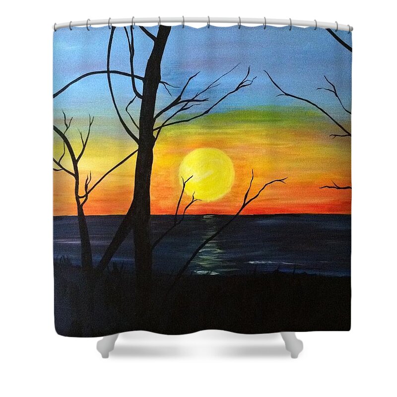 Sunset Shower Curtain featuring the painting Sunset Through the Branches by Vikki Angel