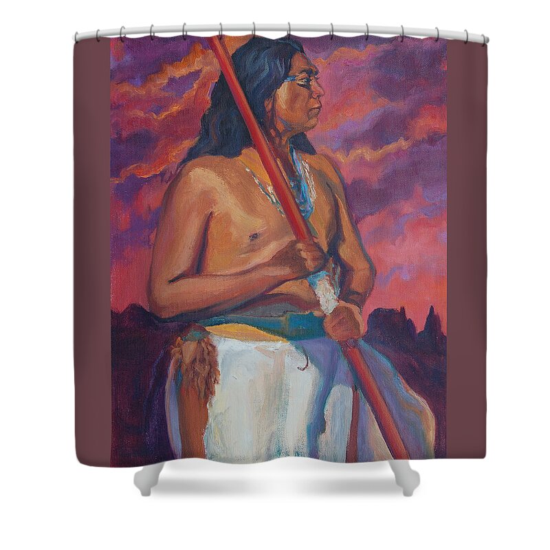 Chief Shower Curtain featuring the painting Sunset Warrior by Christine Lytwynczuk