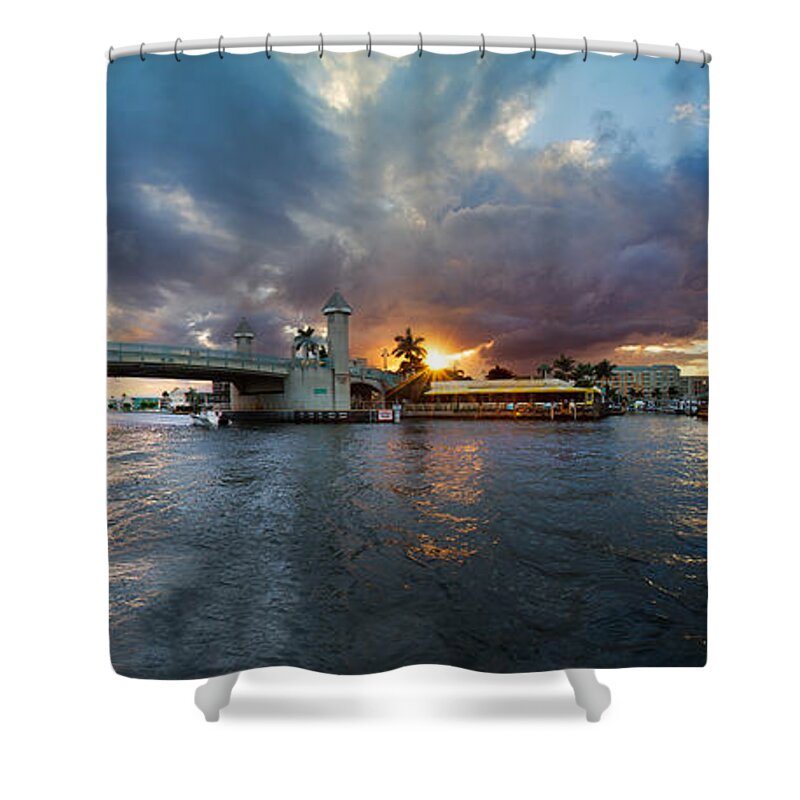Boats Shower Curtain featuring the photograph Sunset Waterway Panorama by Debra and Dave Vanderlaan