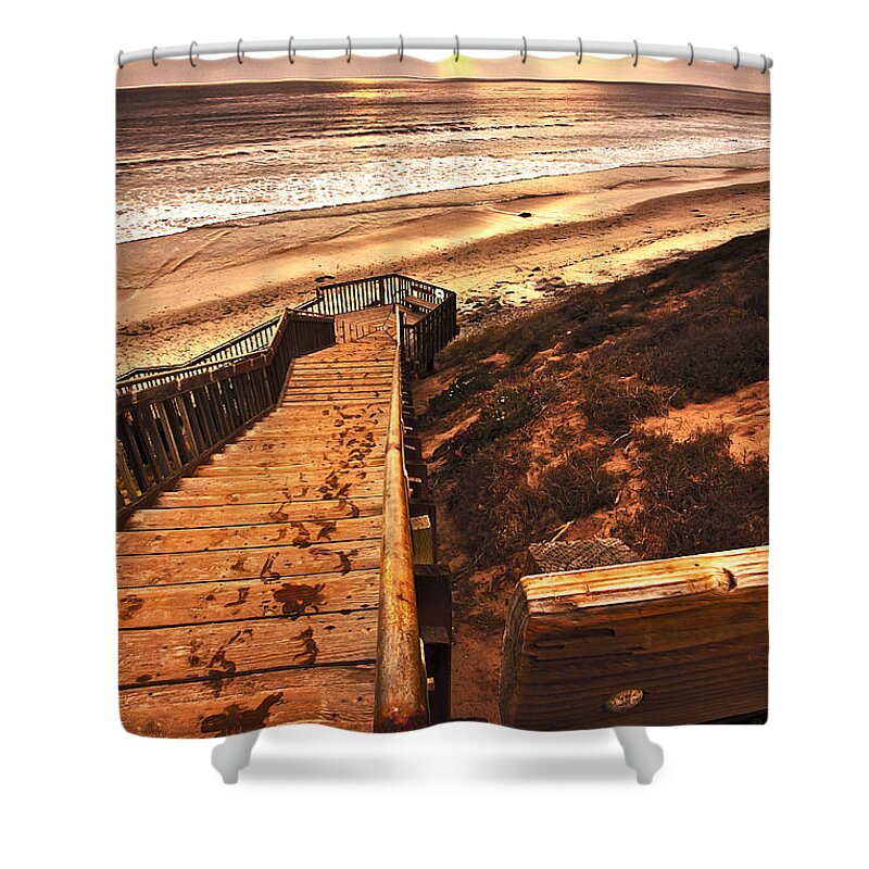 Sunset Beach Steps Photographs Shower Curtain featuring the photograph Sunset Wooden Stairway To The Beach by Jerry Cowart