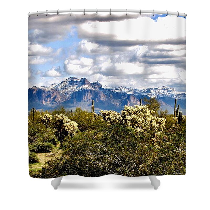 Superstition Mountain Shower Curtain featuring the photograph Superstitions With Snow Panorama by Marilyn Smith