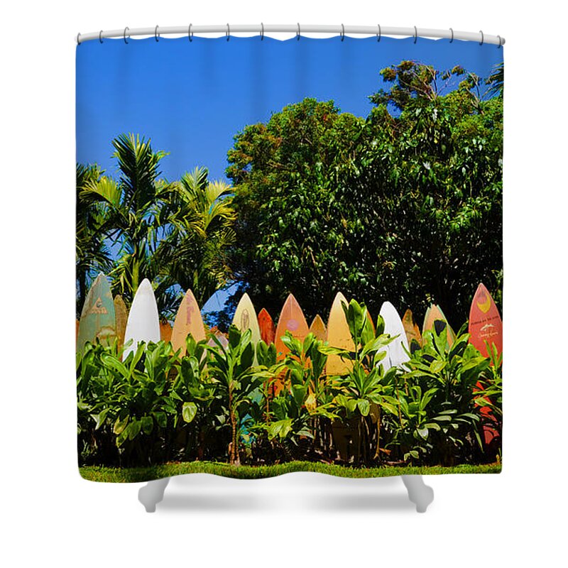 Surfboard Shower Curtain featuring the photograph Surfboard Fence - Maui by Paulette B Wright
