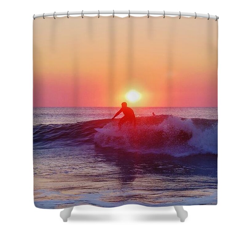 Mark Lemmon Cape Hatteras Nc The Outer Banks Photographer Subjects From Sunrise Shower Curtain featuring the photograph Surfer Sunrise 6 10/2 by Mark Lemmon