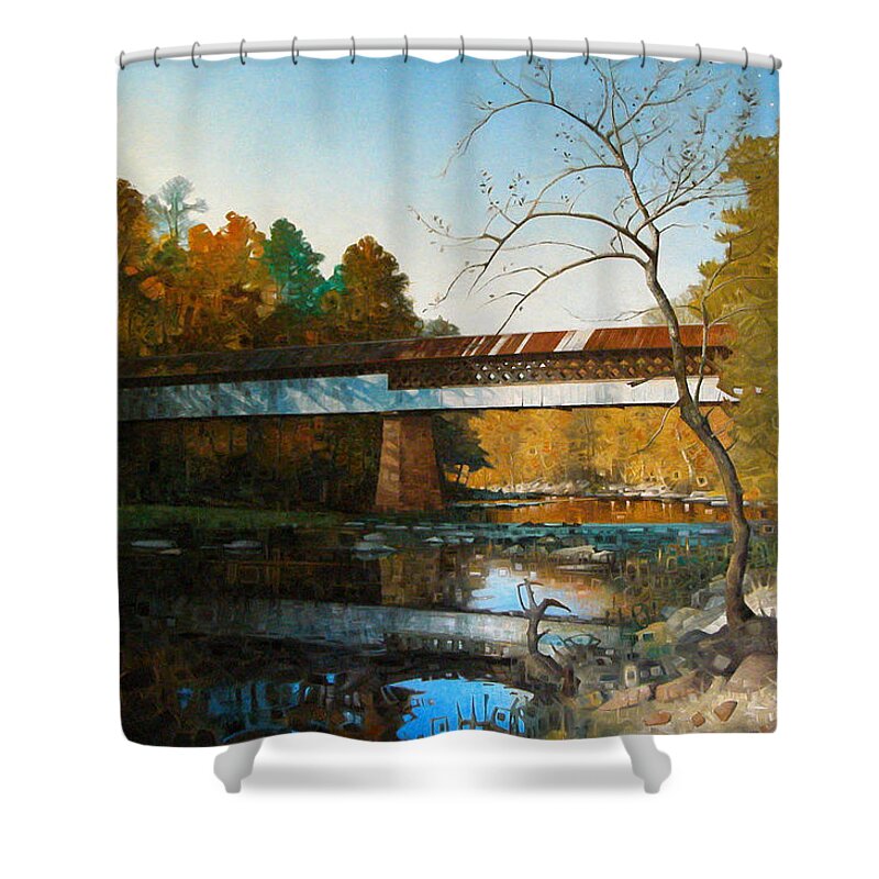 Covered Bridge Shower Curtain featuring the painting Swann Covered Bridge in Early Fall by T S Carson