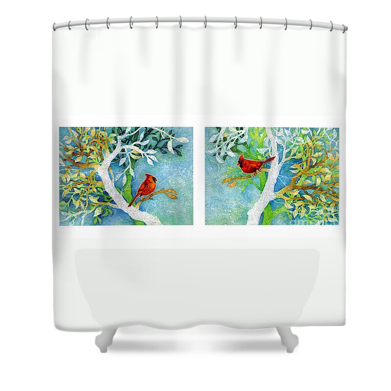Northern Cardinal Shower Curtain featuring the painting Sweet Memories Diptych by Hailey E Herrera