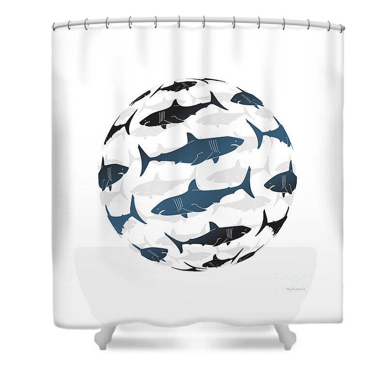 Shark Shower Curtain featuring the painting Swimming Blue Sharks Around The Globe by Amy Kirkpatrick