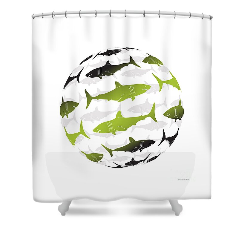 Shark Shower Curtain featuring the painting Swimming Green Sharks Around the Globe by Amy Kirkpatrick