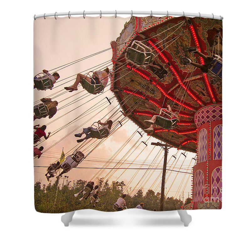 Neon Sign Shower Curtain featuring the digital art Swings at Kennywood Park by Carrie Zahniser