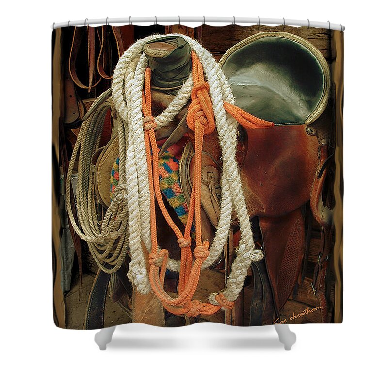 Saddle Shower Curtain featuring the mixed media Tack Room Beauty by Kae Cheatham