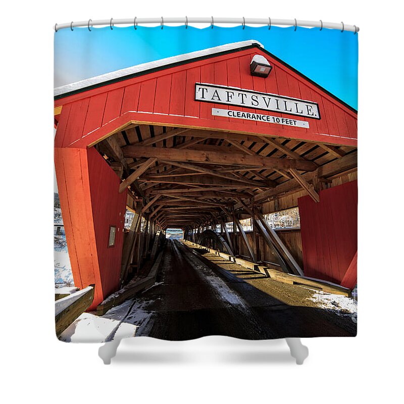 Span Shower Curtain featuring the photograph Taftsville Covered Bridge in Vermont in winter by Edward Fielding