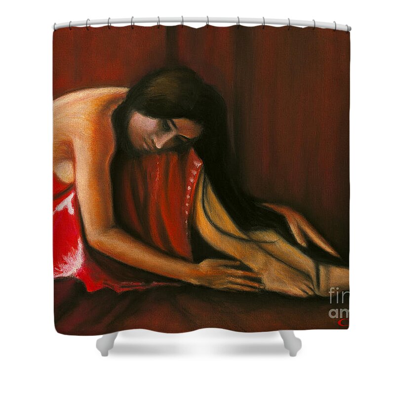Woman In Red Dress Shower Curtain featuring the painting Tahiti Woman Art Print by William Cain