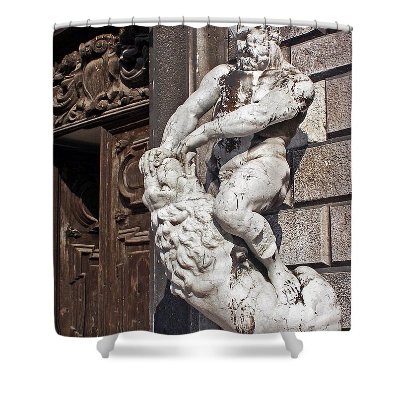 Statue Of Nude Man And Lion Shower Curtain featuring the photograph Taken by Force by Jennifer Robin