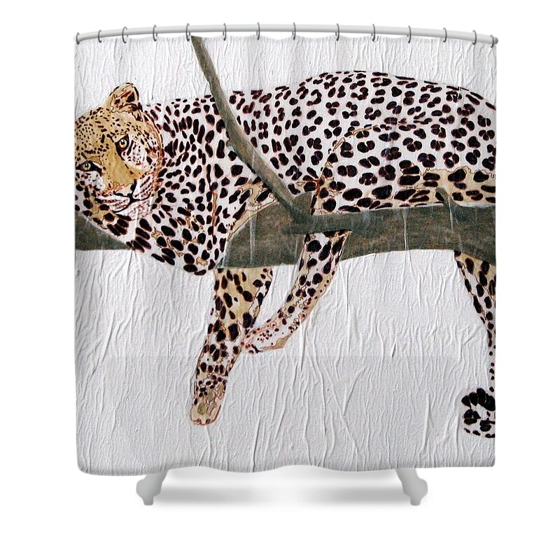 Leopard Shower Curtain featuring the painting Taking a Break by Stephanie Grant