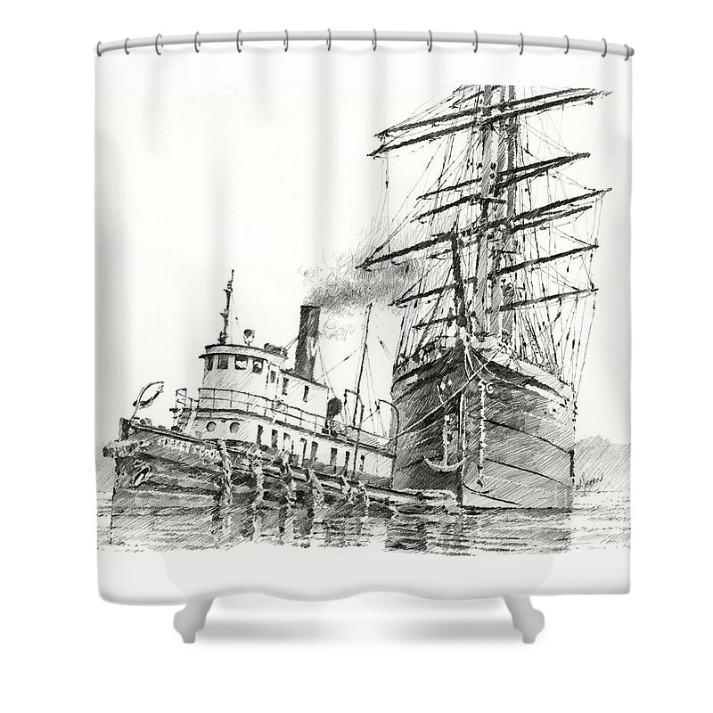 Tug Art Print Shower Curtain featuring the painting Tall Ship Assist by James Williamson