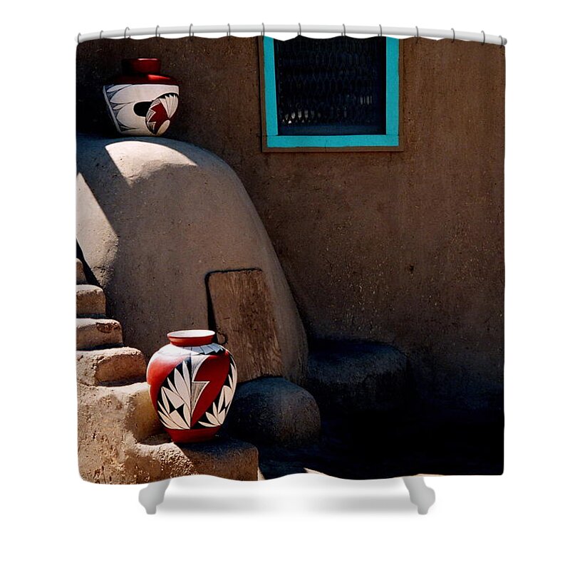 Taos Shower Curtain featuring the photograph Taos New Mexico Pottery by Jacqueline M Lewis