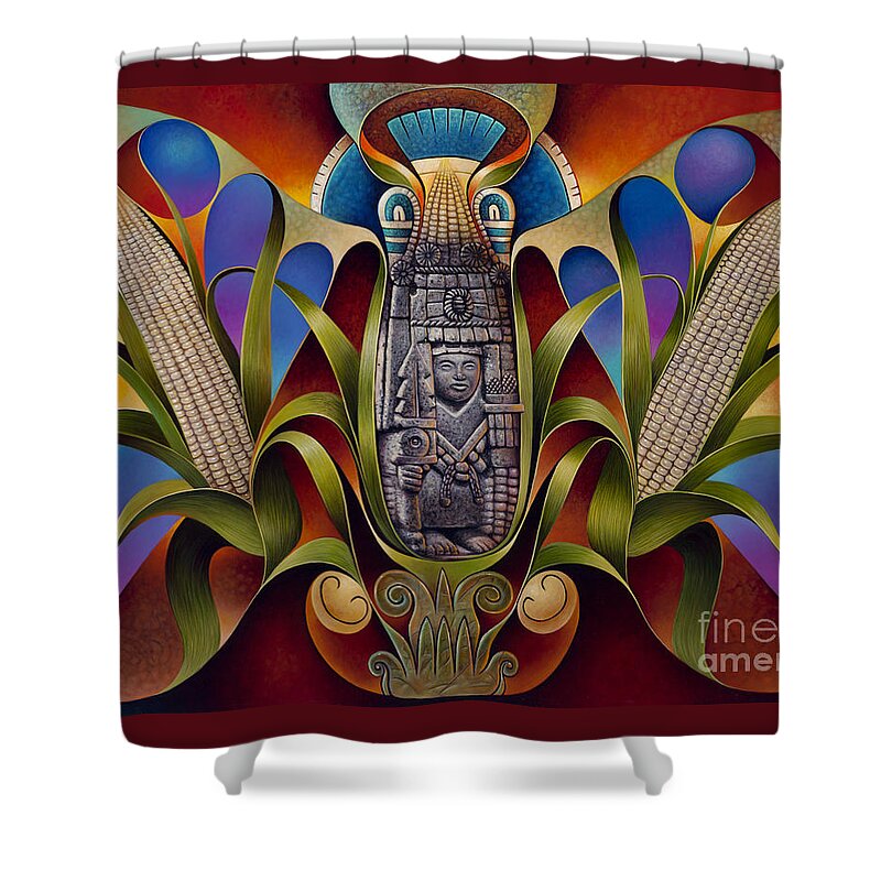 Aztec Shower Curtain featuring the painting Tapestry of Gods - Chicomecoatl by Ricardo Chavez-Mendez