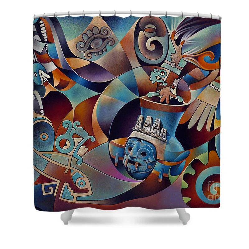 Aztec Shower Curtain featuring the painting Tapestry of Gods - Tlaloc by Ricardo Chavez-Mendez