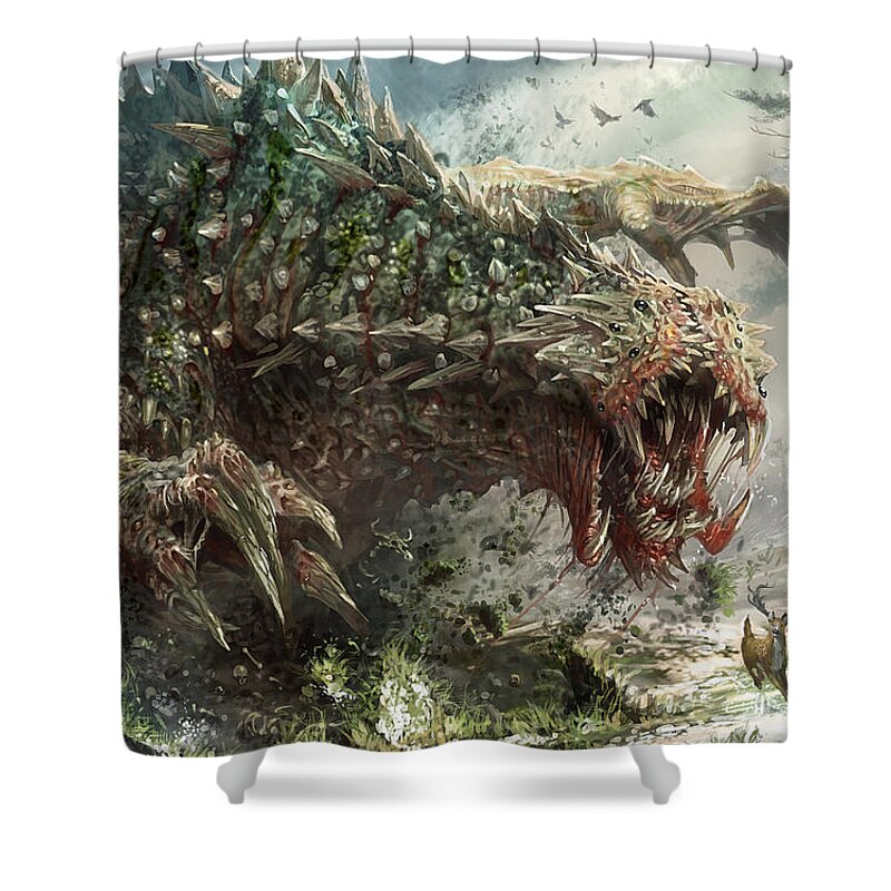 Magic The Gathering Shower Curtain featuring the digital art Tarmogoyf Reprint by Ryan Barger