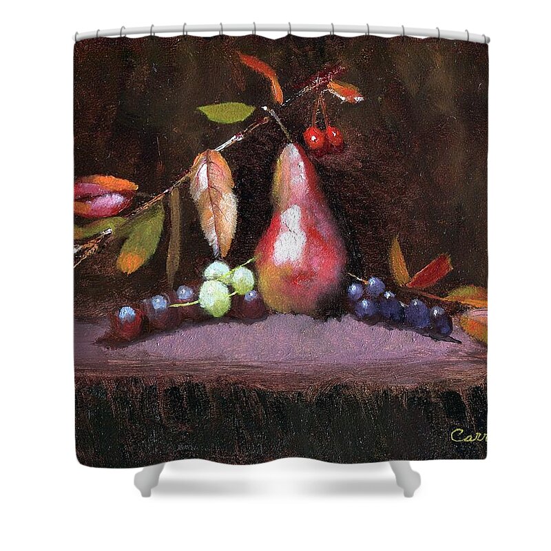  Still Life Of Vivid Fall Colors Surrounding Golden Pear Shower Curtain featuring the painting Taste of Fall by Ruben Carrillo