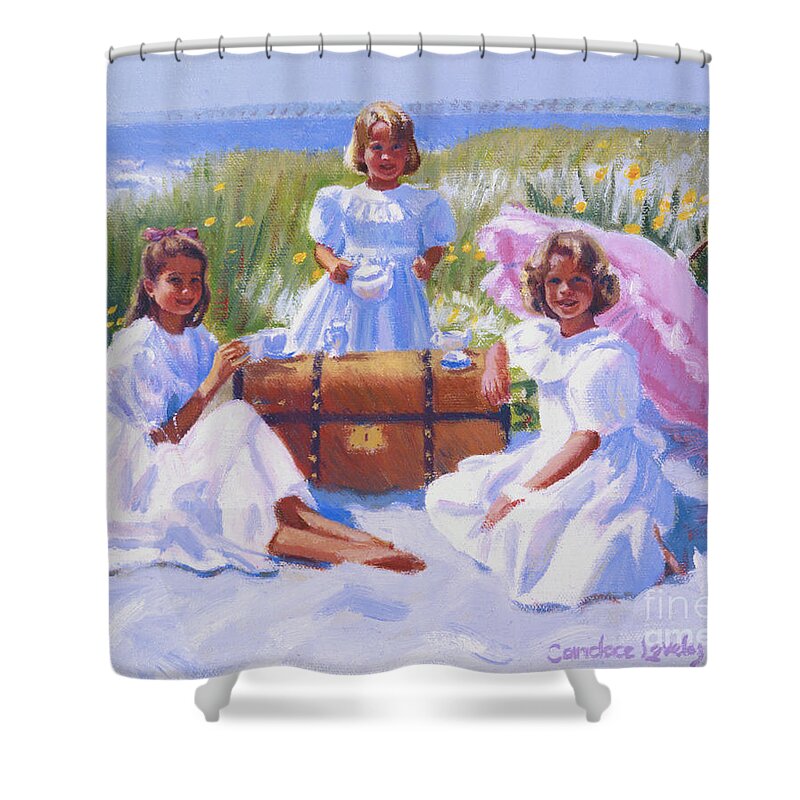 Three Girls Shower Curtain featuring the painting Tea for Three by Candace Lovely